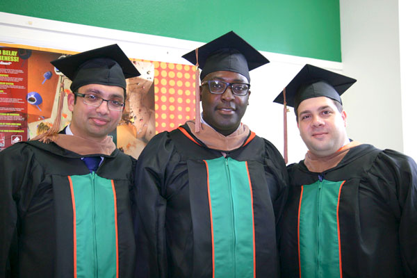 From left: Vijay Seshan, Courtney Cole and Meir Cohen Rotenberg met in the executive MBA program in the Jindal School of Management. Before commencement, the classmates chatted about scholarships in the executive MBA